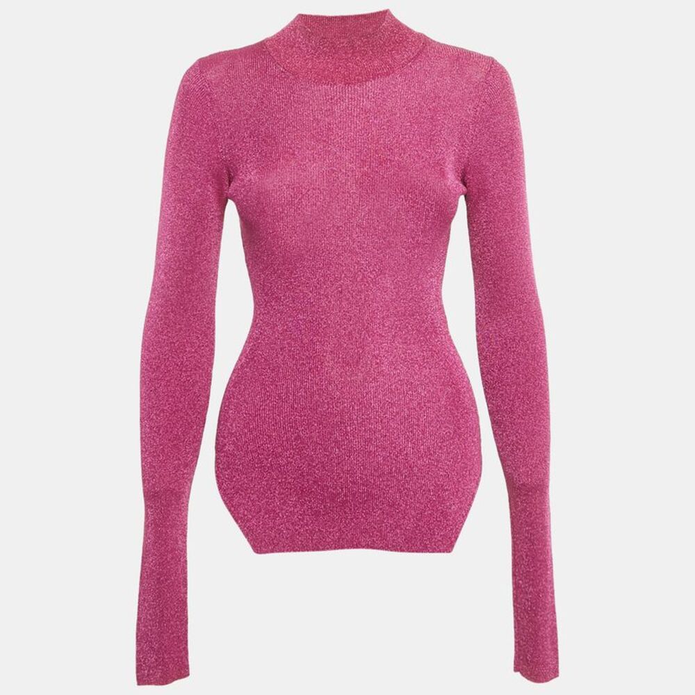 Mugler Pink Lurex Rib Knit Mock Neck Pullover S
